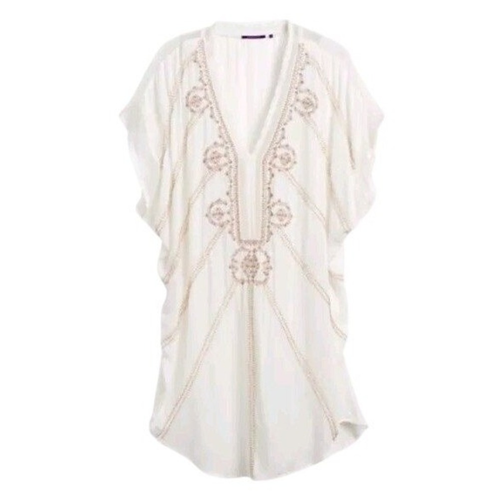 Amita Naithani 21B White Embroidered Beaded Kaftan Tunic Swim Cover-up Medium‎